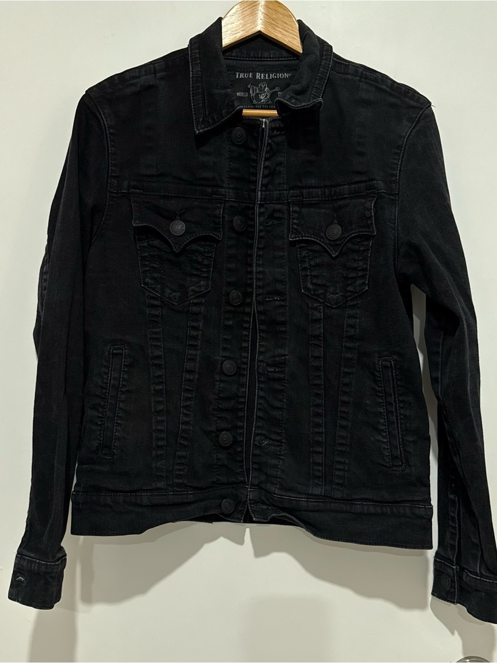 True Religion Men’s S Black Denim Trucker Jacket World Tour Y2K Sz S